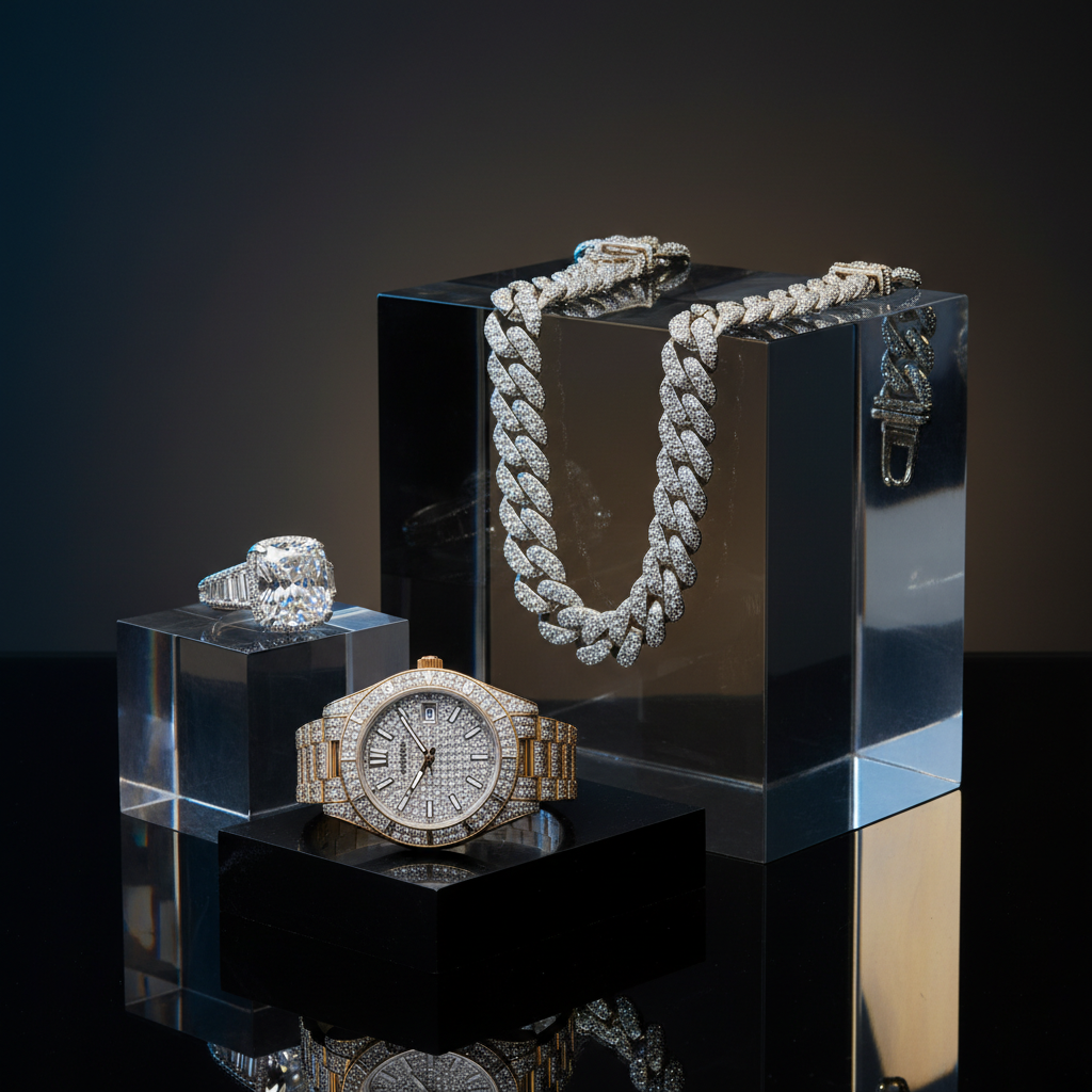 Luxury Brillaraa still life featuring an iced chain, diamond ring, and statement watch
